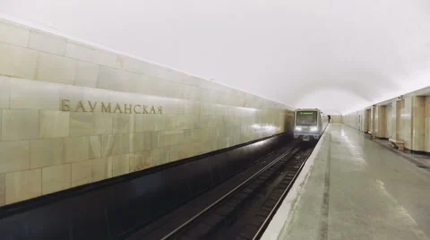Modern Train Pulls Into the Station Baumanskaya Metro Underground Station Stock Footage 60768479