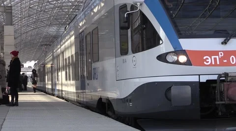 Modern train standing on the platform. In The city of Brest, Belarus Stock Footage 60000064