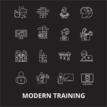 Modern training editable line icons vector set on black background. Modern Stock Illustration
