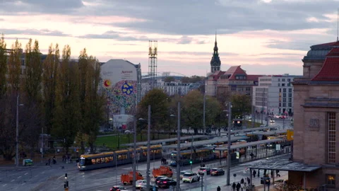 Modern Trains in Front of Leipzig Main Station Building during Sunset Stock Footage 256000350