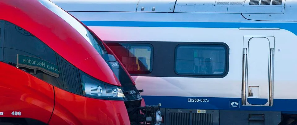 Modern trains at train platform Stock Photos