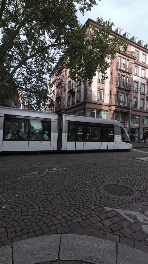 Modern Tram Moving Through the Streets of Strasbourg Stock Footage 344060453