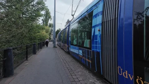 Modern Tram Moving Through the Streets of Strasbourg Stock Footage 344060572