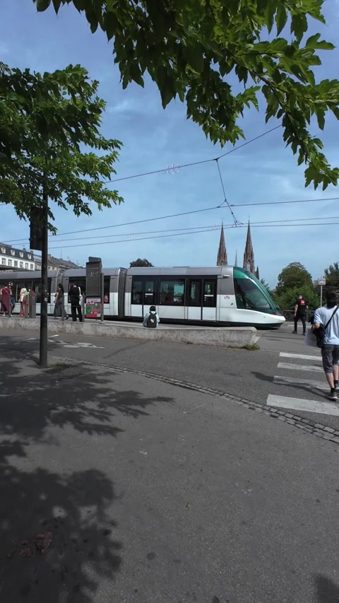 Modern Tram Moving Through the Streets of Strasbourg Stock Footage 344060602