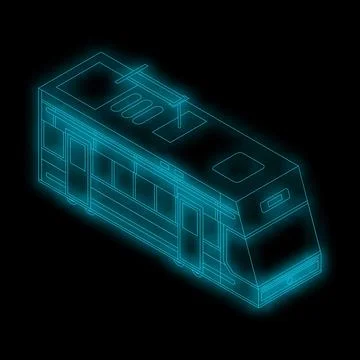 Modern tram or train in neon style glowing on black background Illustrazione stock