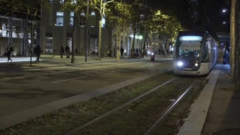 Modern tramway circulating in the city Stock Footage 98058556