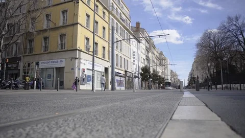 Modern tramway going by Rue de Rome in Marseille on a sunny day Stock Footage 106246259