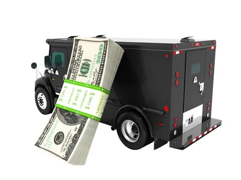Modern transportation concept stack of dollars in black truck bank with an... 스톡 사진