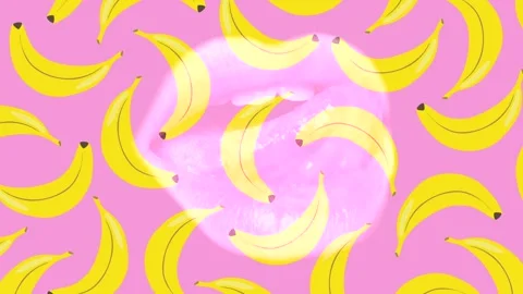 Modern trendy background with open mouth or lips on pink banana background Stock Footage 243660210