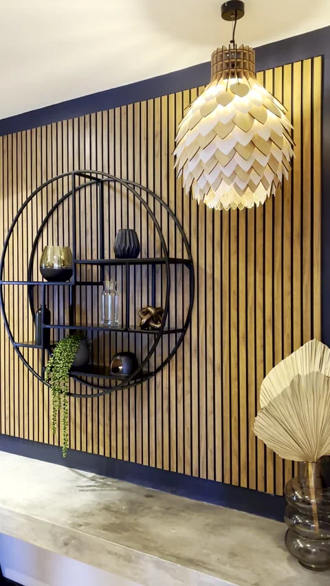 Modern trendy interior design elements with wood slat wall panel Stock Footage 342961050