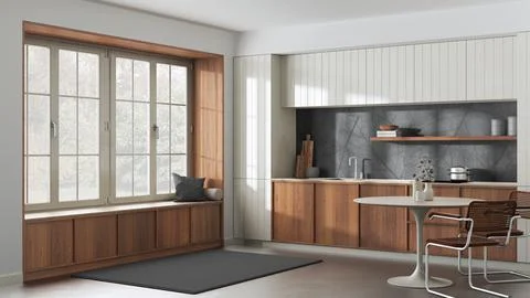 Modern trendy kitchen and dining room in white and gray tones. Wooden cabinet Stock Illustration