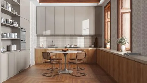 Modern trendy kitchen and dining room in white and beige tones. Wooden cabi.. Illustrazione stock