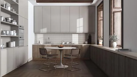 Modern trendy kitchen and dining room in white and dark tones. Wooden cabin.. Stock Illustration