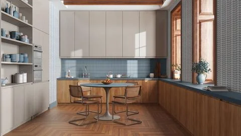 Modern trendy kitchen and dining room in white and blue tones. Wooden cabin.. Illustrazione stock