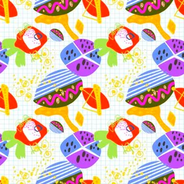 Modern trendy seamless pattern, abstract bright elements on grid Illustrazione stock