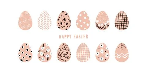 Modern trendy set of decorated Easter eggs, pink and black trendy design. Simple Stock Illustration