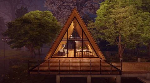 Modern triangle home design concepts forest background night view light on 3d Stock Illustration