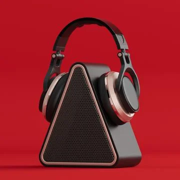 Modern Triangular Mobile Music Speaker with Headphones. 3d Rendering Stock Illustration