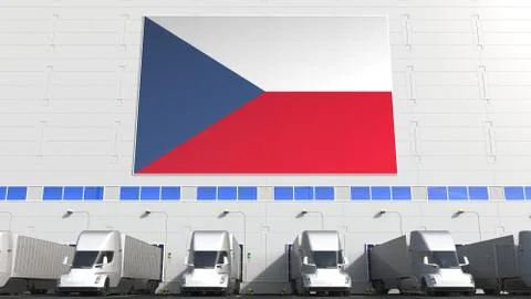 Modern trucks at warehouse loading bay with flag of THE CZECH REPUBLIC. Czech Stock Illustration
