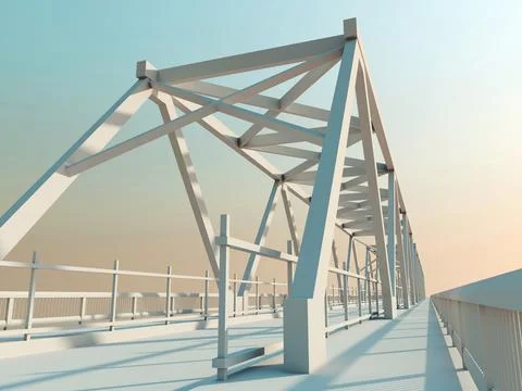 Modern truss bridge model under evening sky, perspective view, 3d Stock Illustration