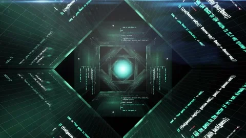 Modern tunnel animation with camera zoom across space with walls and program Stock Footage 267817448