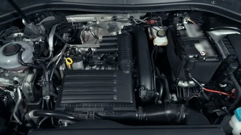 Modern turbo car engine or motor space under vehicle hood close up Stock Footage 149945595