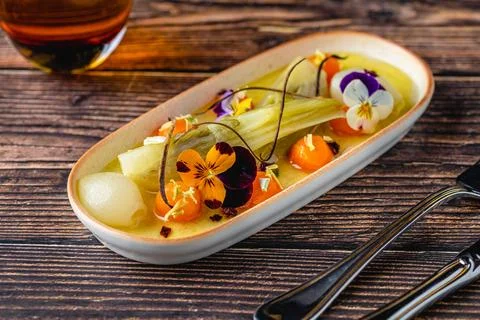 Modern Turkish olive oil vegetables served with artistic restaurant present.. Stock Photos