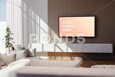 Modern TV area with wooden panels PSD Template