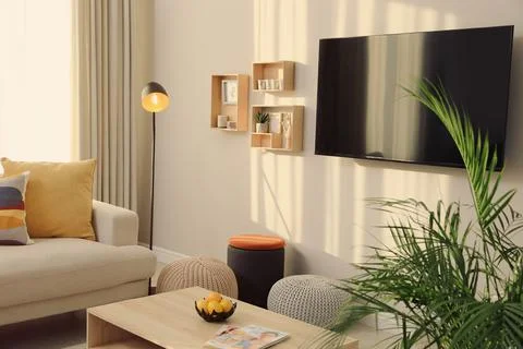 Modern TV, comfortable sofa and decor elements in living room Stock Photos