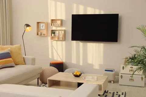 Modern TV, comfortable sofa and decor elements in living room Stock Photos