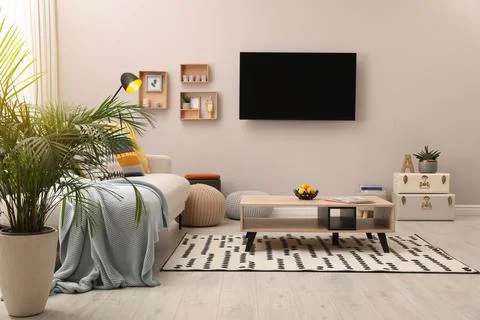 Modern TV, comfortable sofa and decor elements in living room Stock Photos