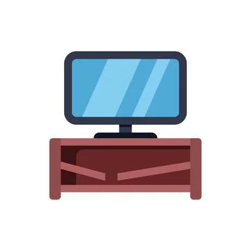 Modern tv set displaying blue screen standing on wooden shelf vector illust.. Illustrazione stock