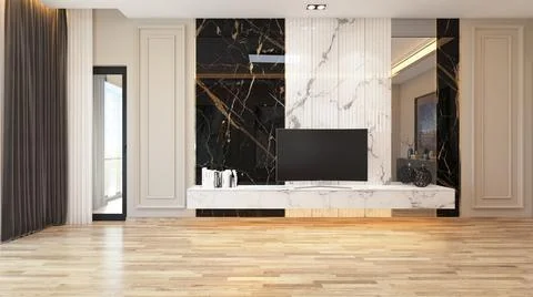 Modern tv unit with marble concept in living room 3d rendering Stock Illustration