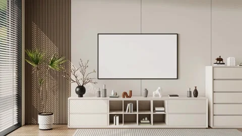 Modern TV Wall Unit Cabinet Floating Console In Minimalist Living Room Stock Footage 341611366