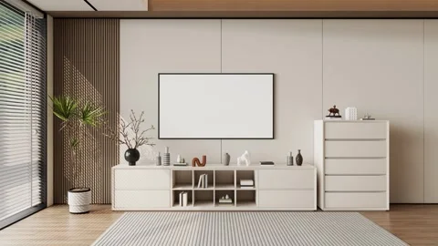 Modern TV Wall Unit Cabinet Floating Console In Minimalist Living Room Stock Footage 341611424