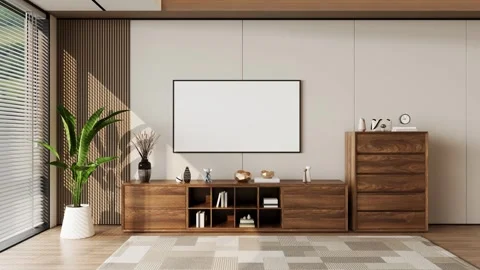 Modern TV Wall Unit Cabinet Floating Console In Minimalist Living Room Stock Footage 341611430