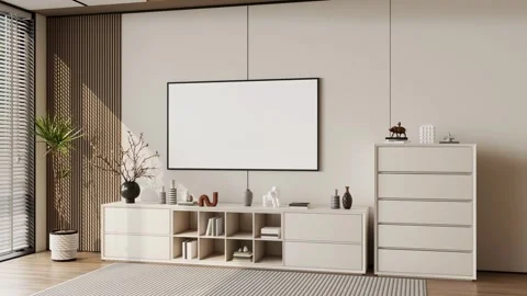 Modern TV Wall Unit Cabinet Floating Console In Minimalist Living Room Stock Footage 341611451