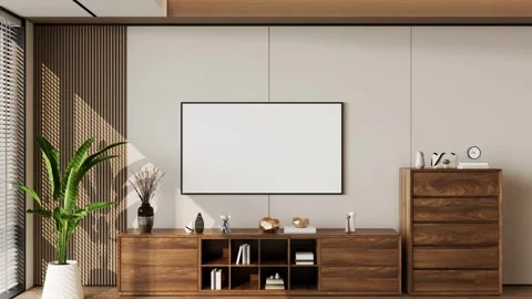 Modern TV Wall Unit Cabinet Floating Console In Minimalist Living Room Stock Footage 341611786
