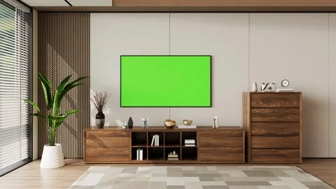 Modern TV Wall Unit Cabinet Floating Console In Minimalist Living Room  Mockup Stock Footage 341611874