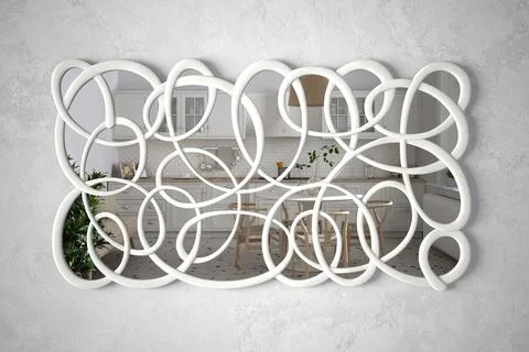 Modern twisted shape mirror hanging on the wall reflecting interior design sc Stock Illustration