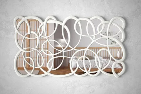 Modern twisted shape mirror hanging on the wall reflecting interior design .. Stock Illustration