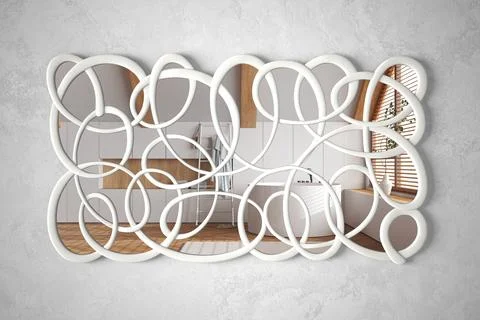 Modern twisted shape mirror hanging on the wall reflecting interior design .. Stock Illustration