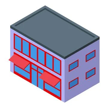 Modern two storey building featuring large windows and red awnings Ilustración de archivo