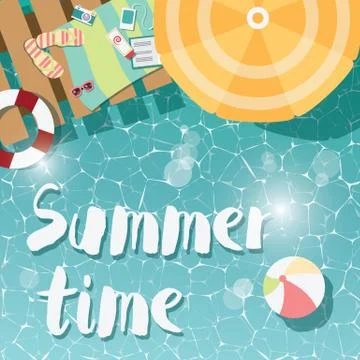 Modern typographic summer poster design flip flops, swimming pool and beach Stock Illustration