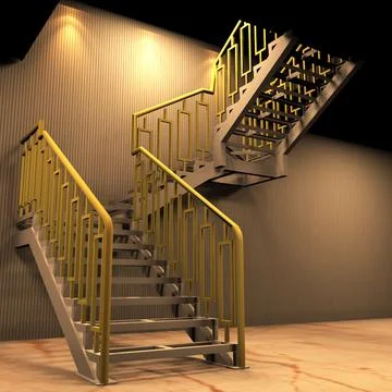 Modern U-Shaped Metal Staircase with Gold Decorative Railing Render 스톡 일러스트