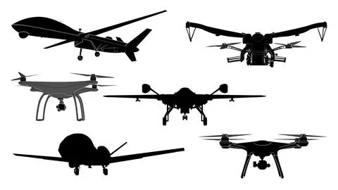 Modern UAV and Drone Technology Black Solid Silhouettes Pack Stockillustratie