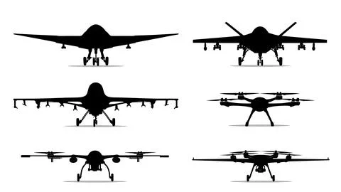 Modern UAV and Drone Technology Black Solid Silhouettes Pack Illustrazione stock