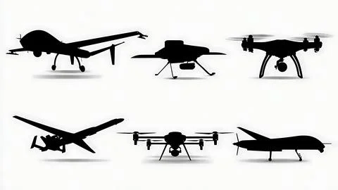 Modern UAV and Drone Technology Black Solid Silhouettes Pack 스톡 일러스트