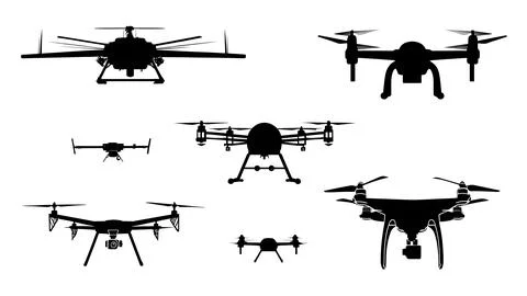 Modern UAV and Drone Technology Black Solid Silhouettes Pack Stock Illustration