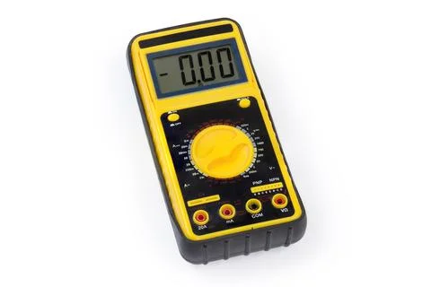 Modern universal digital multimeter in rubber cover on white background Stock Photos